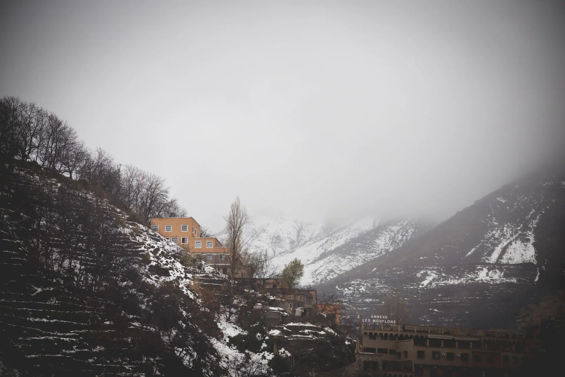 Moody winter landscape of Imlil in the Atlas Mountains, Morocco.