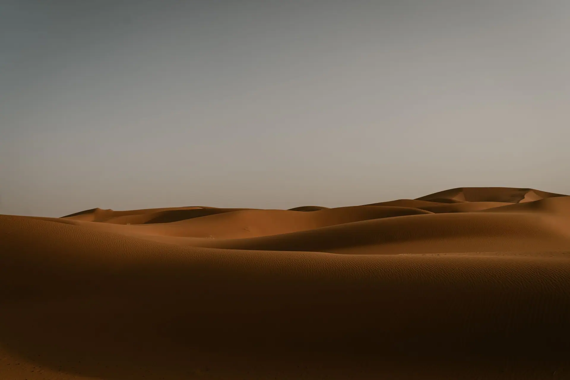 Peaceful sand dunes stretch under a clear sky in Merzouga, Morocco's Sahara Desert.